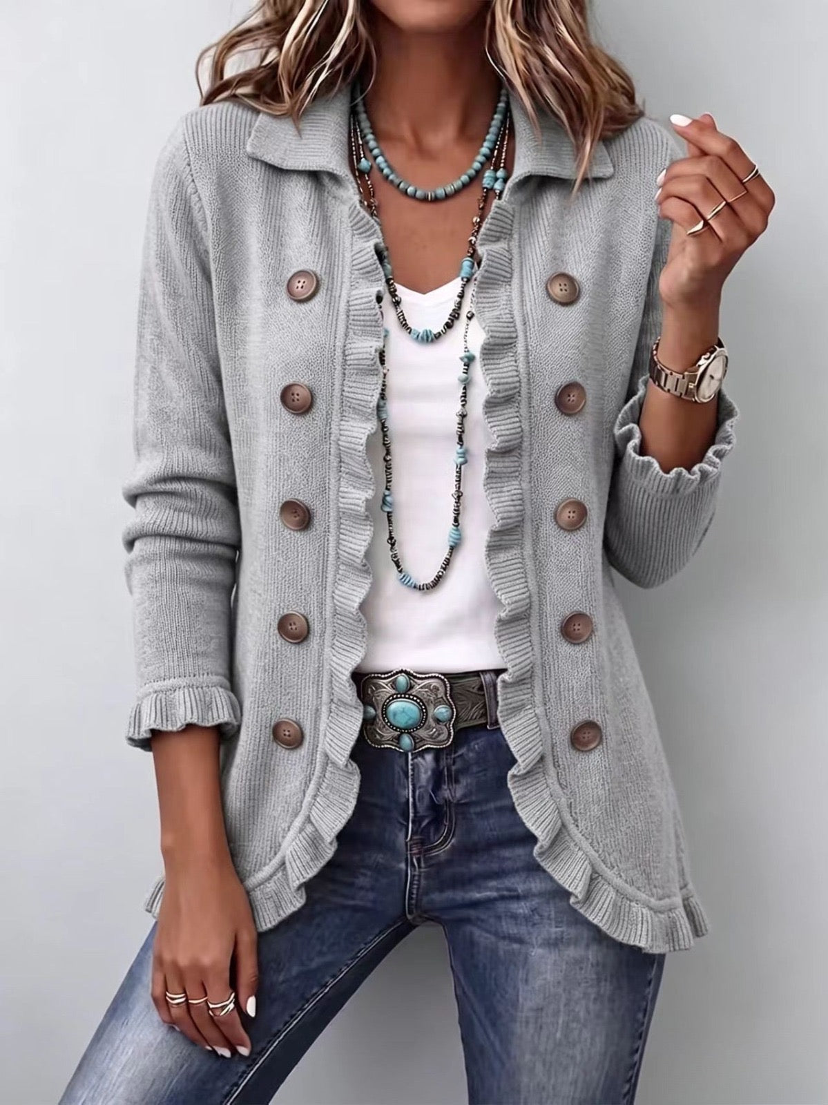 Blanka | Chaqueta de Punto Gris Jaspeado con Volantes