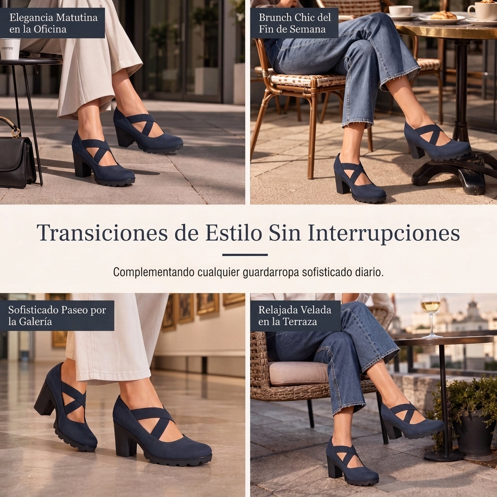 Mari | Zapatos para mujer con plataforma, puntera redonda, correa cruzada y tacón grueso