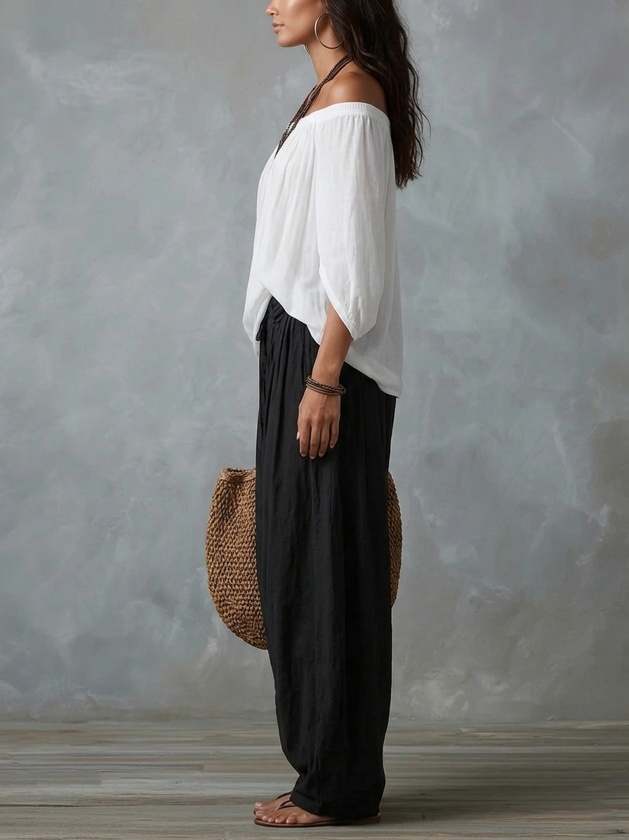 Luisa | Conjunto de Top con Hombros Descubiertos y Pantalones Holgados Tipo Farol