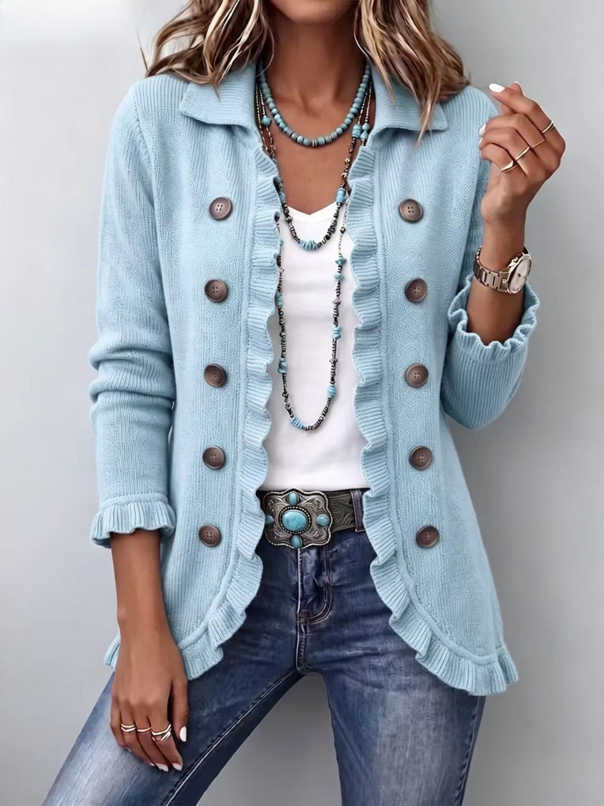 Klára | Chaqueta de Punto Azul Empolvado con Volantes