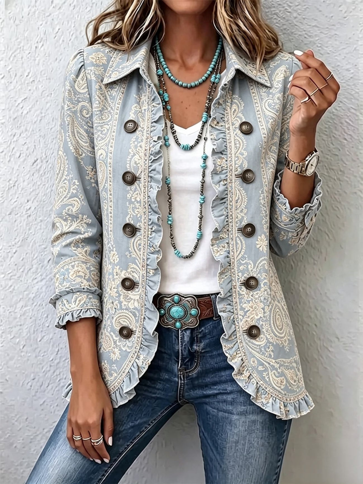 Hana | Chaqueta Entallada con Volantes y Estampado Cachemir