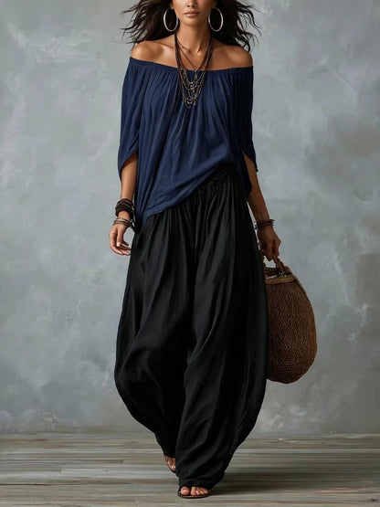 Luisa | Conjunto de Top con Hombros Descubiertos y Pantalones Holgados Tipo Farol