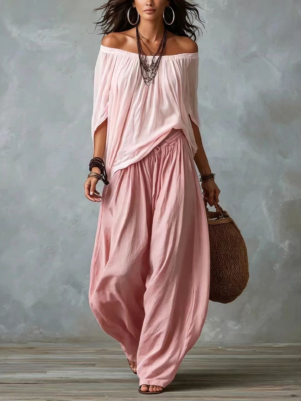 Luisa | Conjunto de Top con Hombros Descubiertos y Pantalones Holgados Tipo Farol