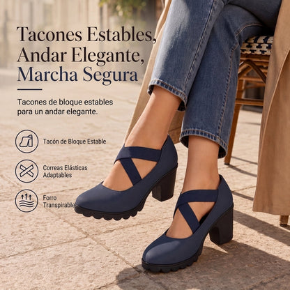 Mari | Zapatos para mujer con plataforma, puntera redonda, correa cruzada y tacón grueso