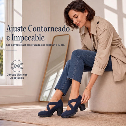 Mari | Zapatos para mujer con plataforma, puntera redonda, correa cruzada y tacón grueso
