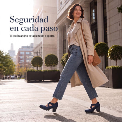 Mari | Zapatos para mujer con plataforma, puntera redonda, correa cruzada y tacón grueso