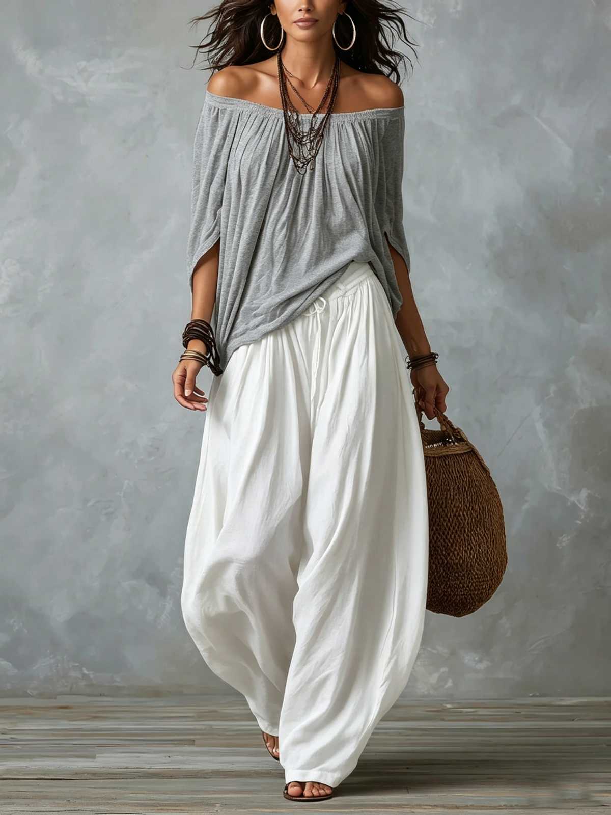 Luisa | Conjunto de Top con Hombros Descubiertos y Pantalones Holgados Tipo Farol