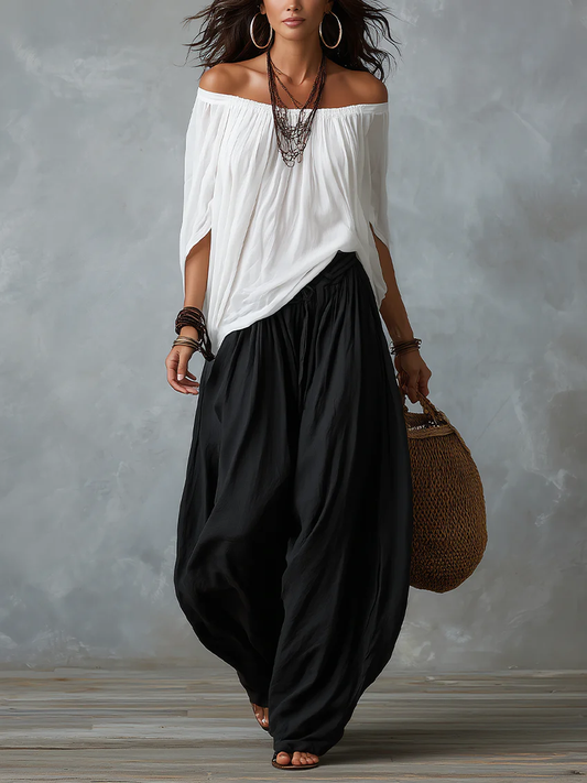 Luisa | Conjunto de Top con Hombros Descubiertos y Pantalones Holgados Tipo Farol