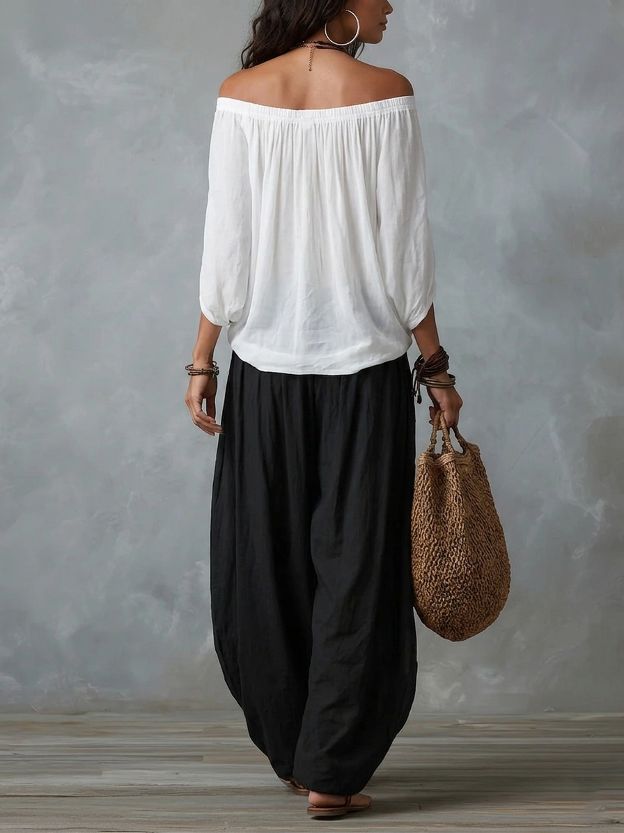 Luisa | Conjunto de Top con Hombros Descubiertos y Pantalones Holgados Tipo Farol