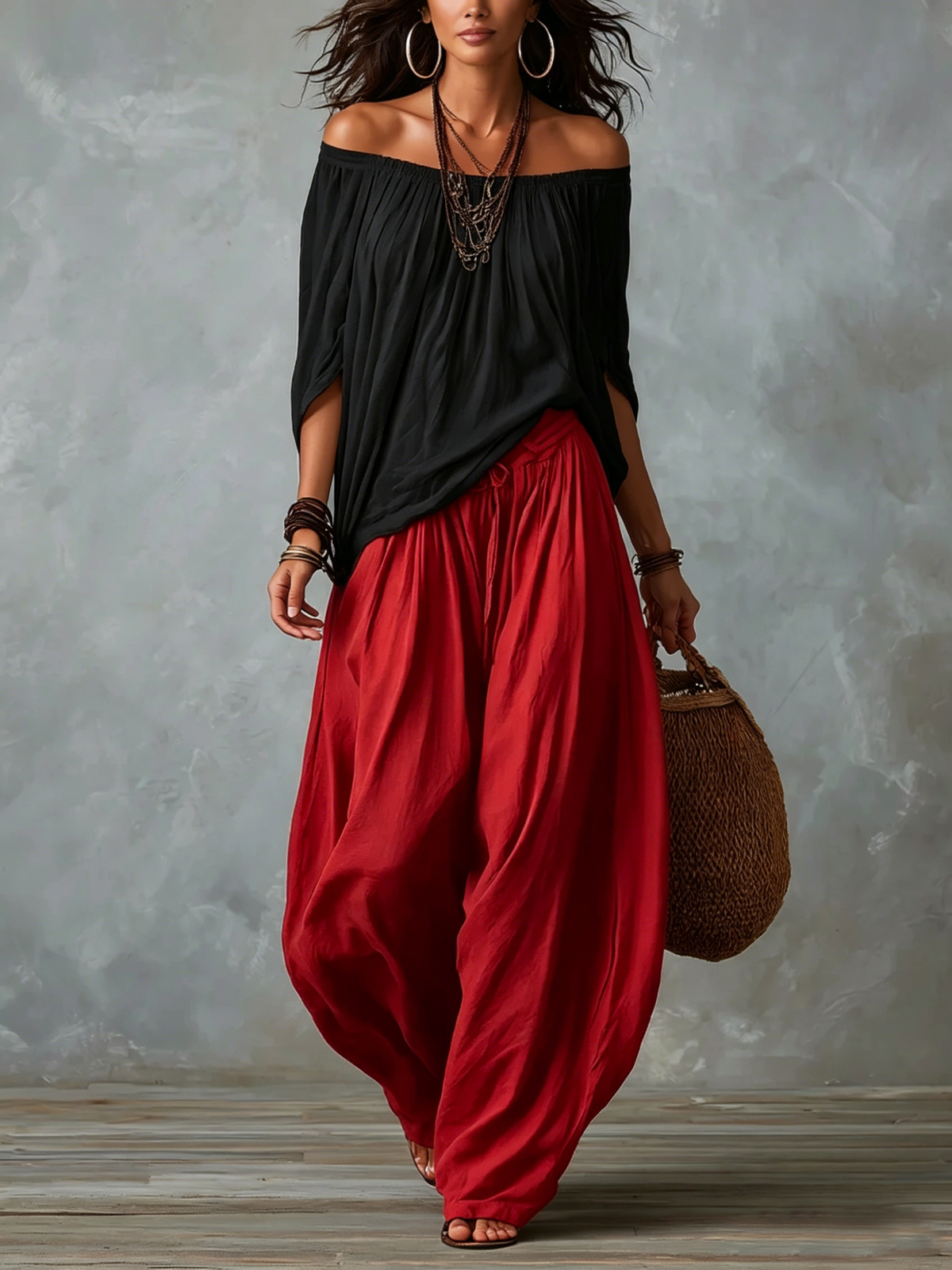 Luisa | Conjunto de Top con Hombros Descubiertos y Pantalones Holgados Tipo Farol