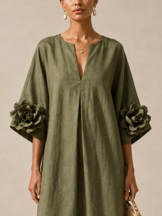 Louise | Vestido midi verde oliva con cuello en V y llamativos puños florales