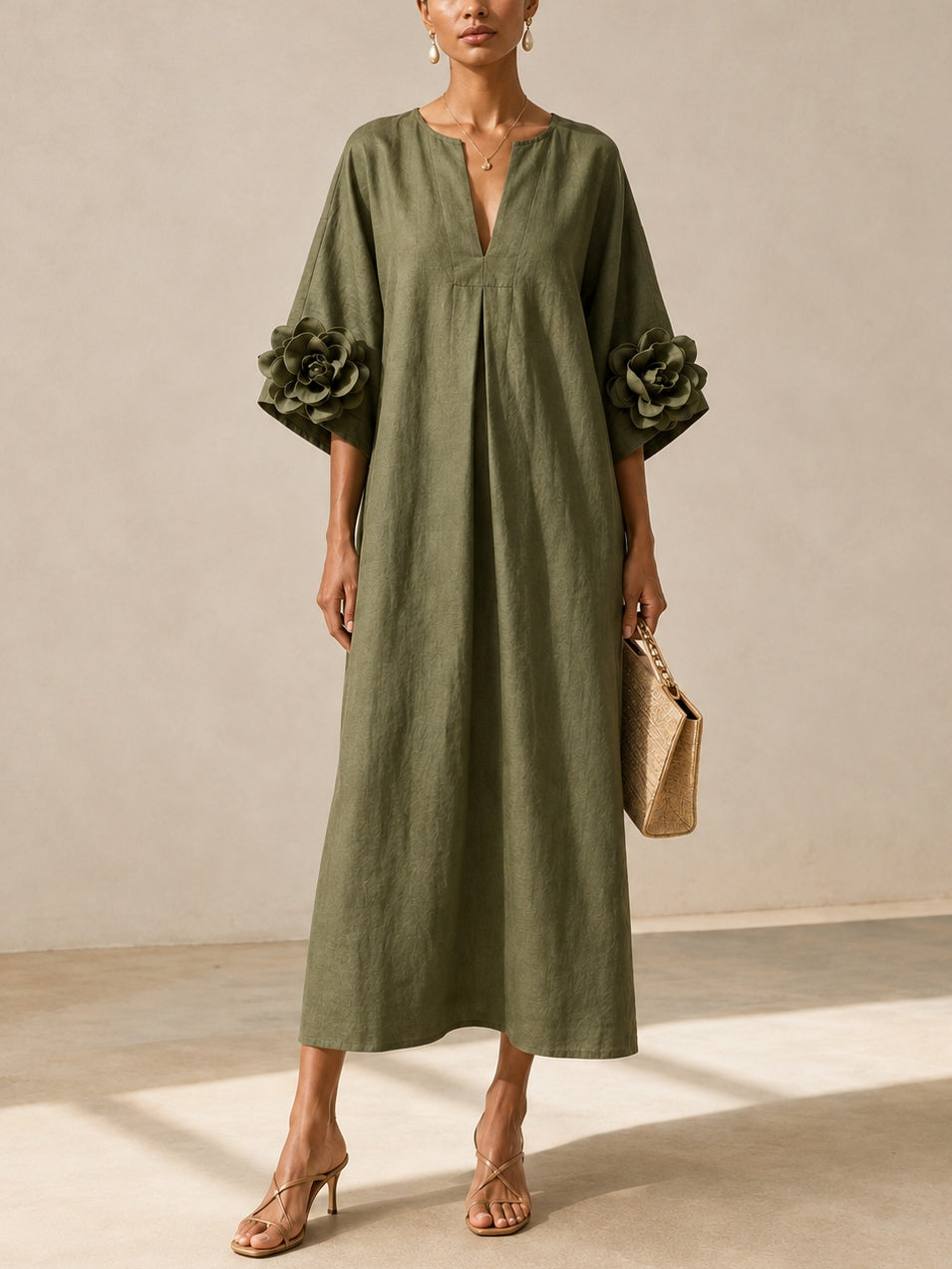 Louise | Vestido midi verde oliva con cuello en V y llamativos puños florales