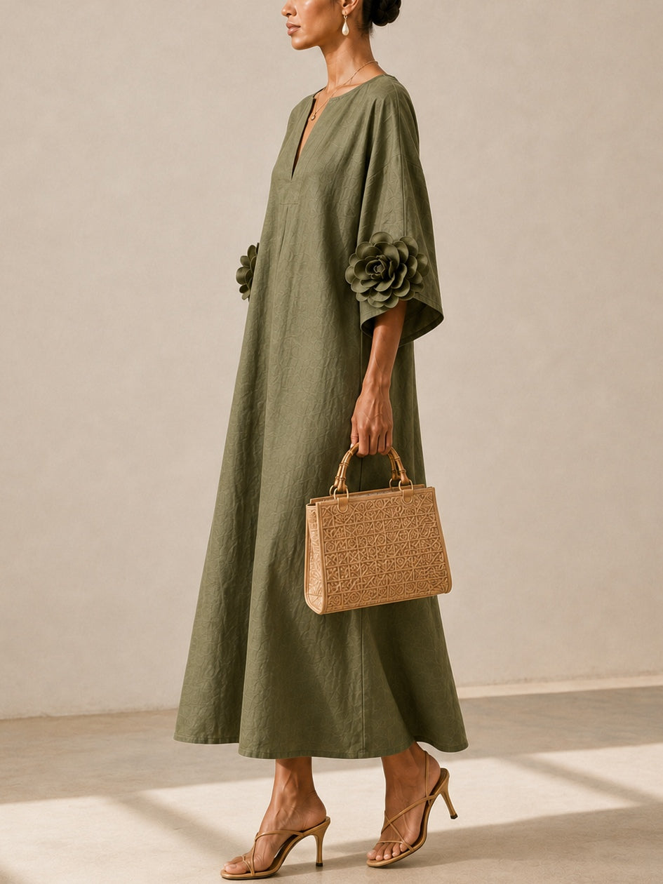 Louise | Vestido midi verde oliva con cuello en V y llamativos puños florales