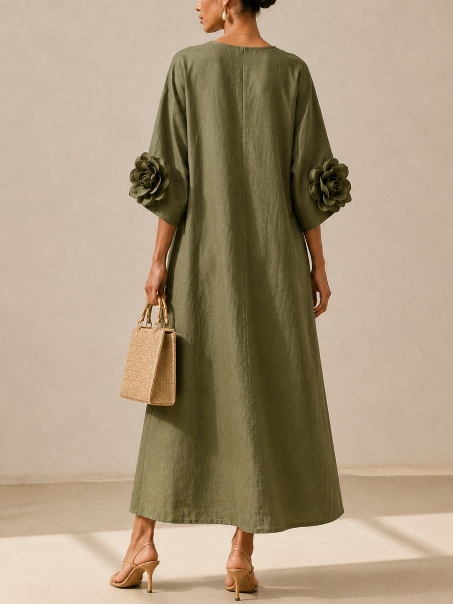Louise | Vestido midi verde oliva con cuello en V y llamativos puños florales