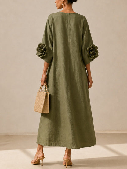 Louise | Vestido midi verde oliva con cuello en V y llamativos puños florales