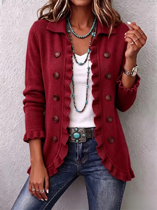 Ivana | Chaqueta de Punto Rojo Rubí con Volantes