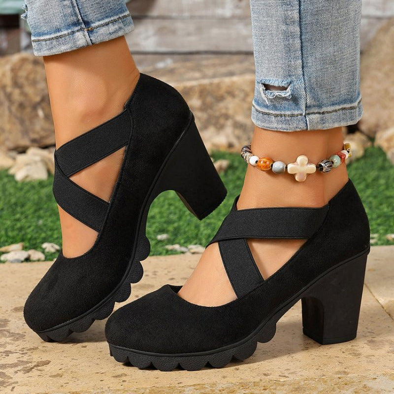 Mari | Zapatos para mujer con plataforma, puntera redonda, correa cruzada y tacón grueso